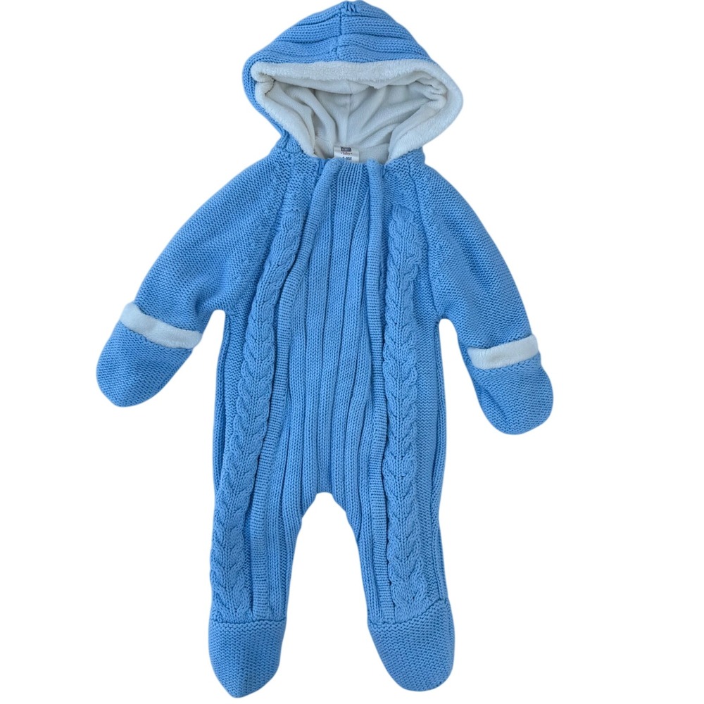 Y2K Faded Glory Baby Blue Yonder Cable Knit Hooded Pram Suit Fleece Lined 6-9M